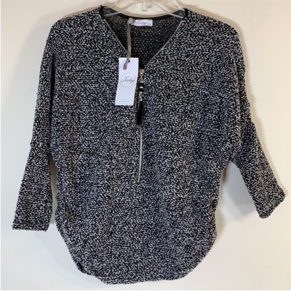 Today Italy Made Jeweled Tassel Zip Ruched Sleeve Top. M. NWT.